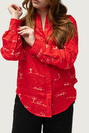 Red Rural Outback Embroidered Linen Long Sleeve Shirt