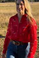Red Rural Outback Embroidered Linen Long Sleeve Shirt