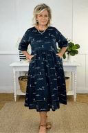 Rural Outback Eclipse Navy Embroidered Organic Linen Short Sleeve Dress - Outback Linen Co
