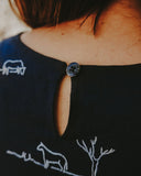 Rural Outback Eclipse Navy Embroidered Organic Linen Short Sleeve Dress - Outback Linen Co