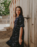 Rural Outback Eclipse Navy Embroidered Organic Linen Short Sleeve Dress - Outback Linen Co