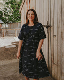 Rural Outback Eclipse Navy Embroidered Organic Linen Short Sleeve Dress - Outback Linen Co