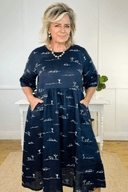 Rural Outback Eclipse Navy Embroidered Organic Linen Short Sleeve Dress - Outback Linen Co