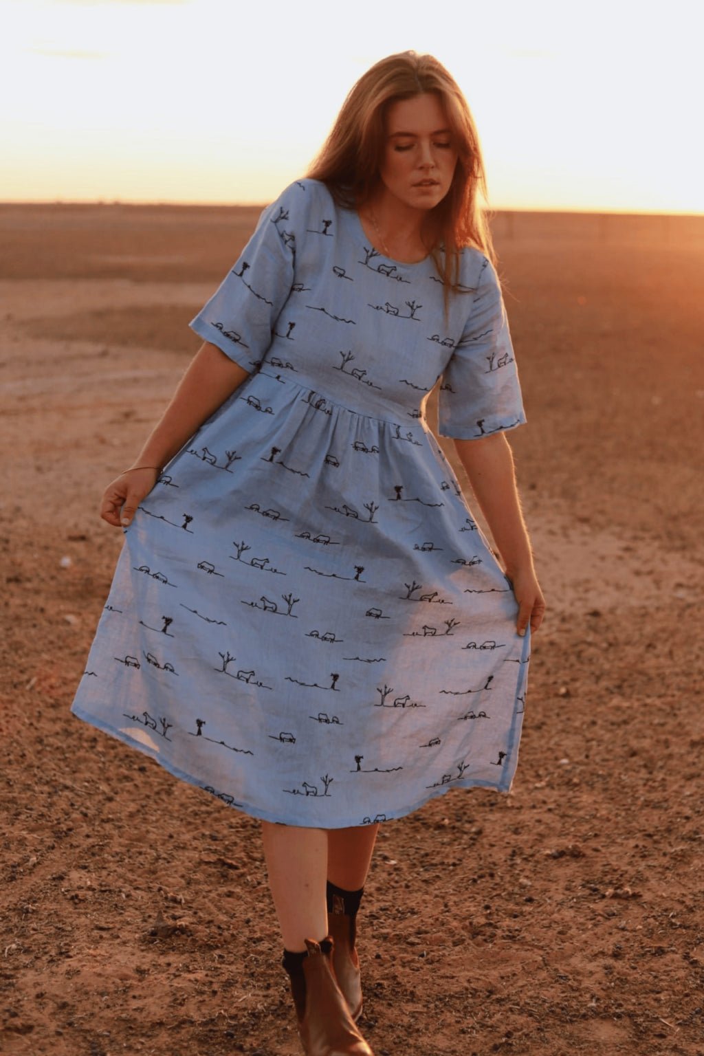 Sky Blue Short Sleeve Linen Dress