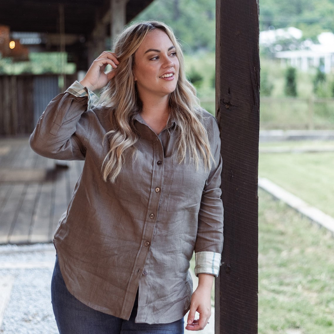 Spinifex Green Organic Linen Shirt with Printed Cuffs