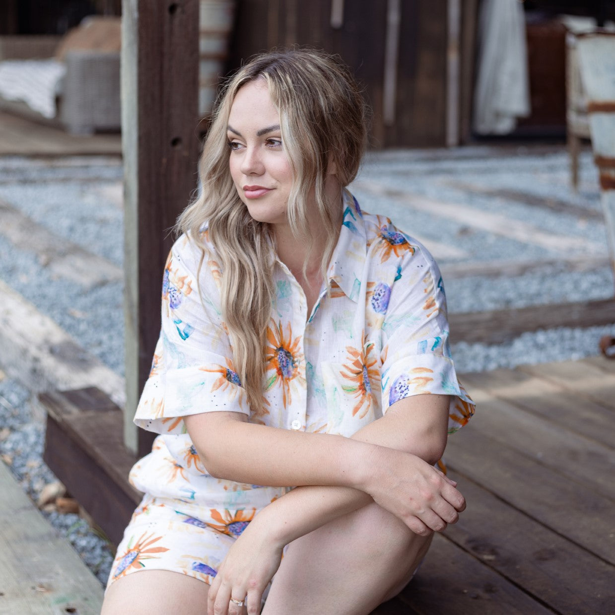 Sunflower Print Organic Linen Shorts - Outback Linen Co