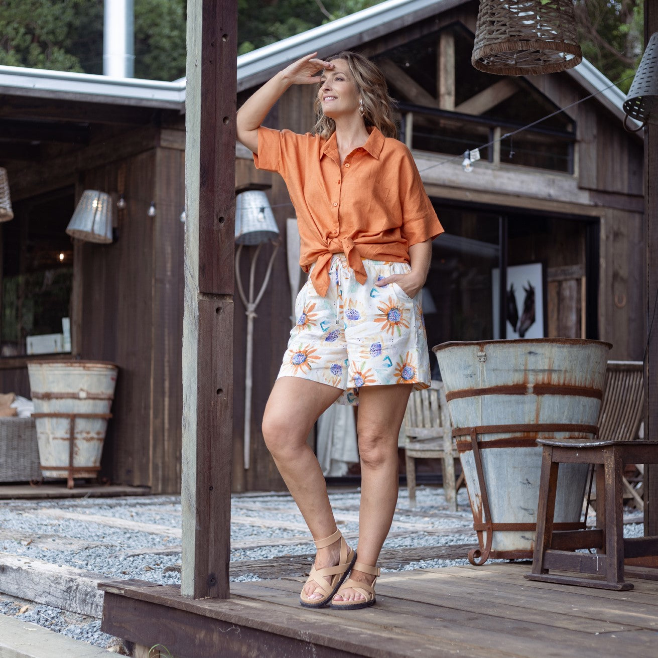 Sunflower Print Organic Linen Shorts - Outback Linen Co