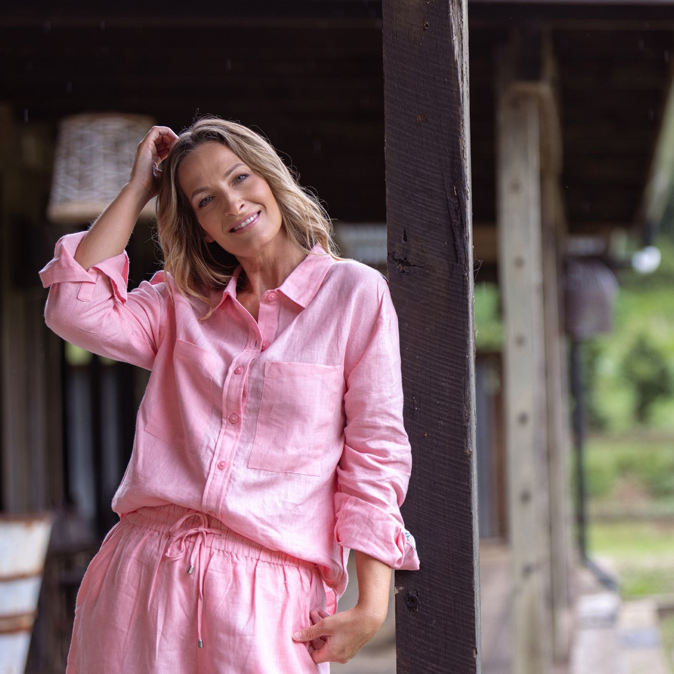 Playful Pink Organic Linen Shirt With Printed Cuffs