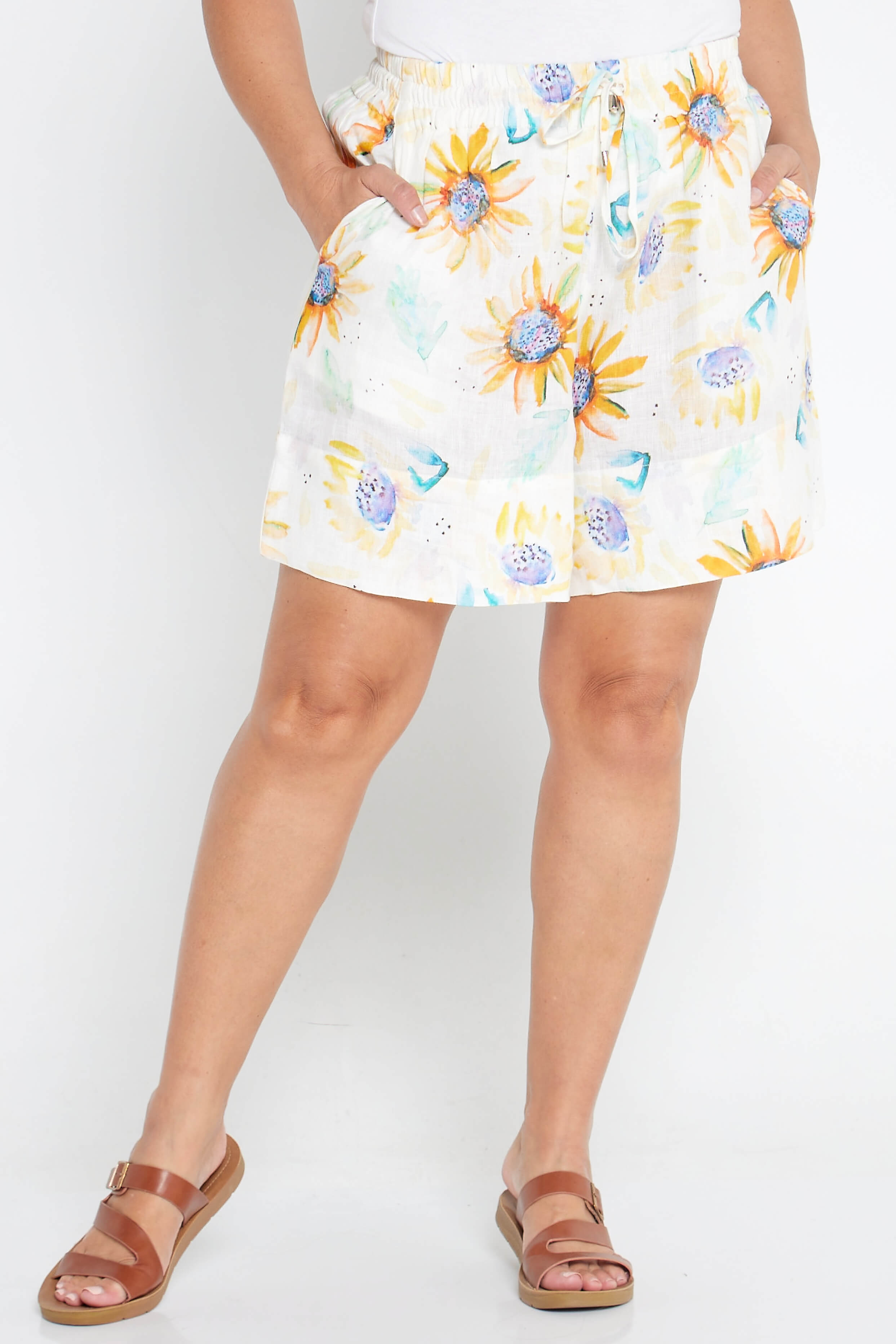 Sunflower Print Organic Linen Shorts - Outback Linen Co