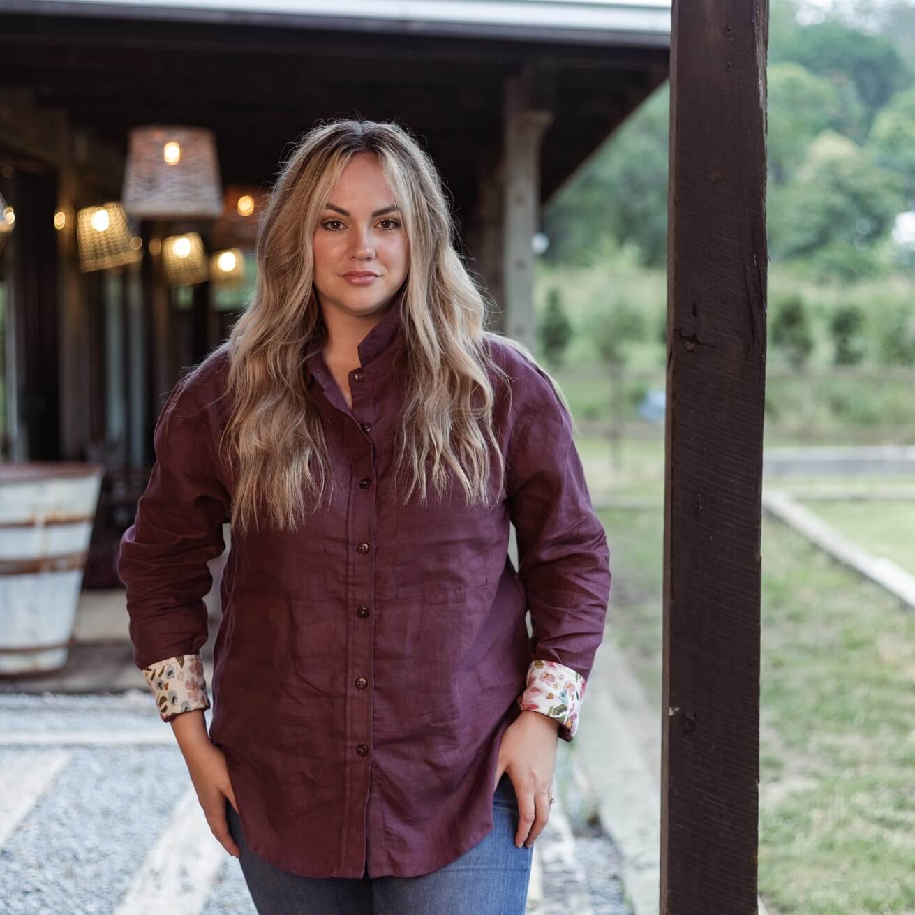 Mystic Plum Organic Linen Shirt with Printed Cuffs