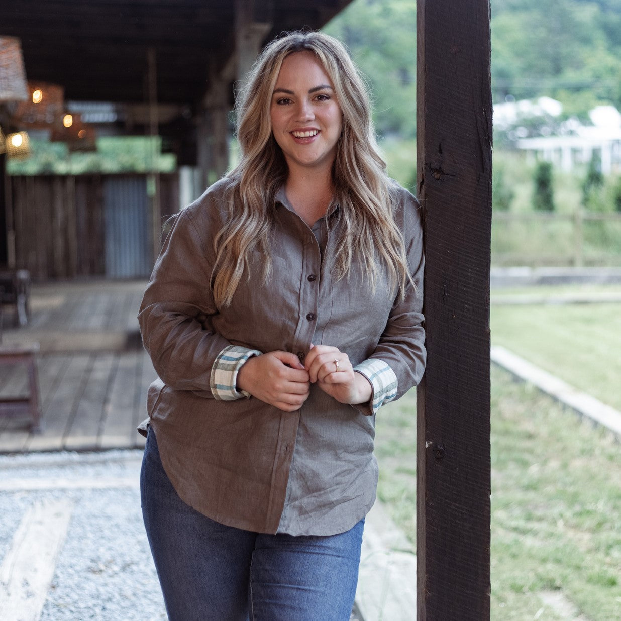 Spinifex Green Organic Linen Shirt with Printed Cuffs